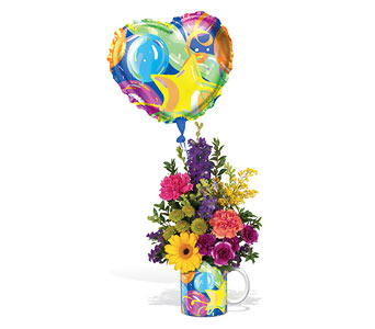 Taza de flores y globo Mylar para cualquier ocasión