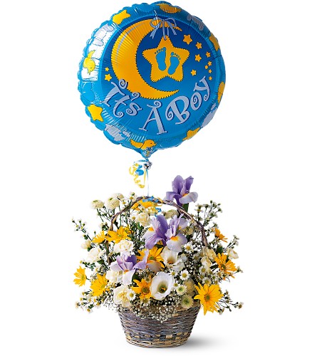 Una canasta de flores y un globo de niño